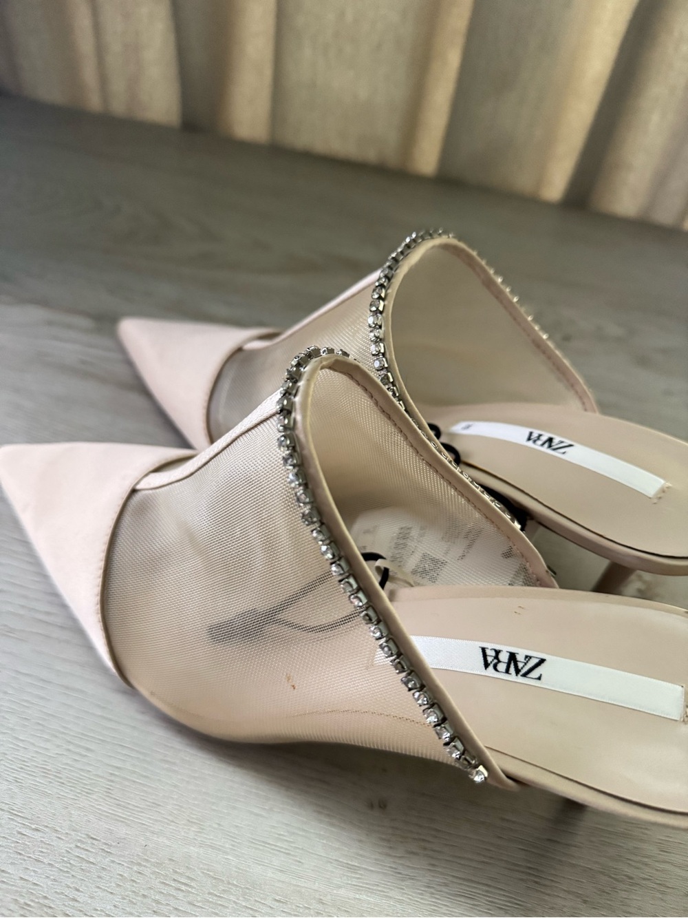 Zara Nude Blush Pointed-Toe Rhinestone-Trim Mules